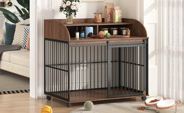 Furniture-Style Brown Engineered Wood Dog Crate With Wheels - Omega Lifestyles