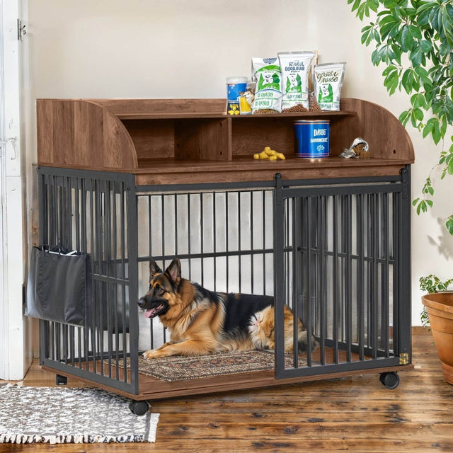 Furniture-Style Brown Engineered Wood Dog Crate With Wheels - Omega Lifestyles