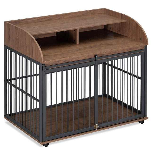 Furniture-Style Brown Engineered Wood Dog Crate With Wheels - Omega Lifestyles