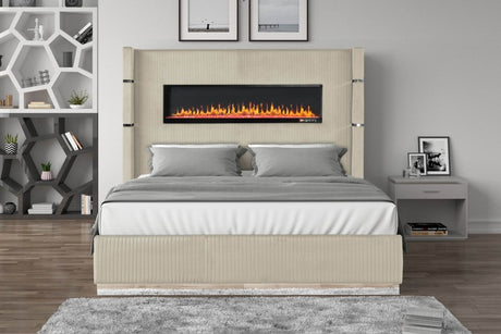 King Velvet Upholstered Wood Bed Frame With Fireplace Display - Lizelle - Omega Lifestyles
