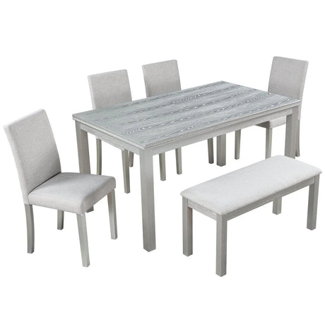 6-Piece Solid Wood Dining Table Set With Upholstered Bench - Omega Lifestyles