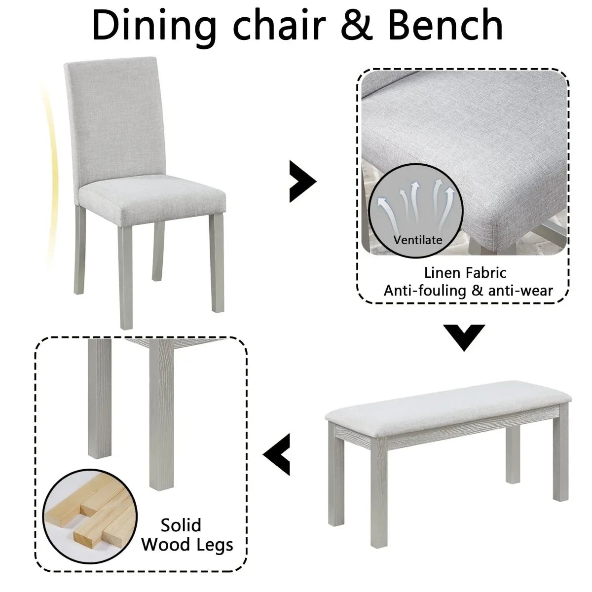 6-Piece Solid Wood Dining Table Set With Upholstered Bench - Omega Lifestyles