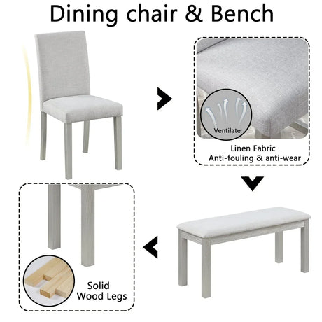 6-Piece Solid Wood Dining Table Set With Upholstered Bench - Omega Lifestyles