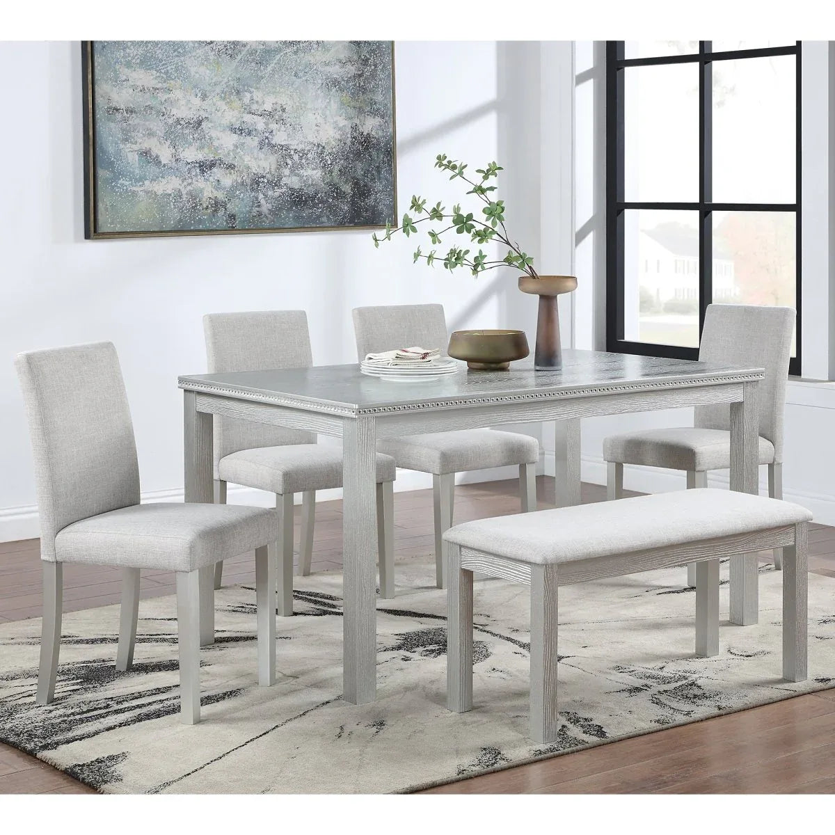 6-Piece Solid Wood Dining Table Set With Upholstered Bench - Omega Lifestyles