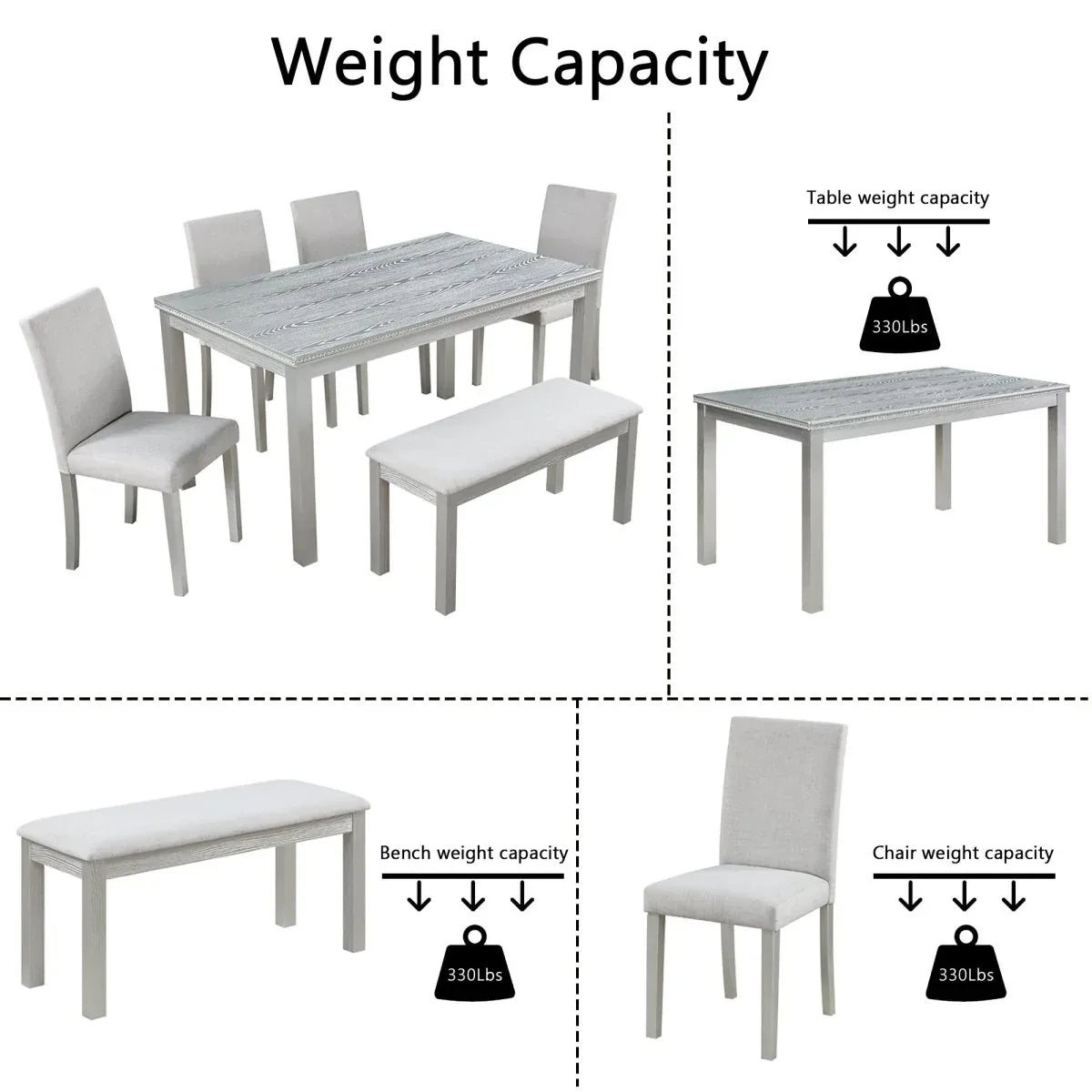 6-Piece Solid Wood Dining Table Set With Upholstered Bench - Omega Lifestyles