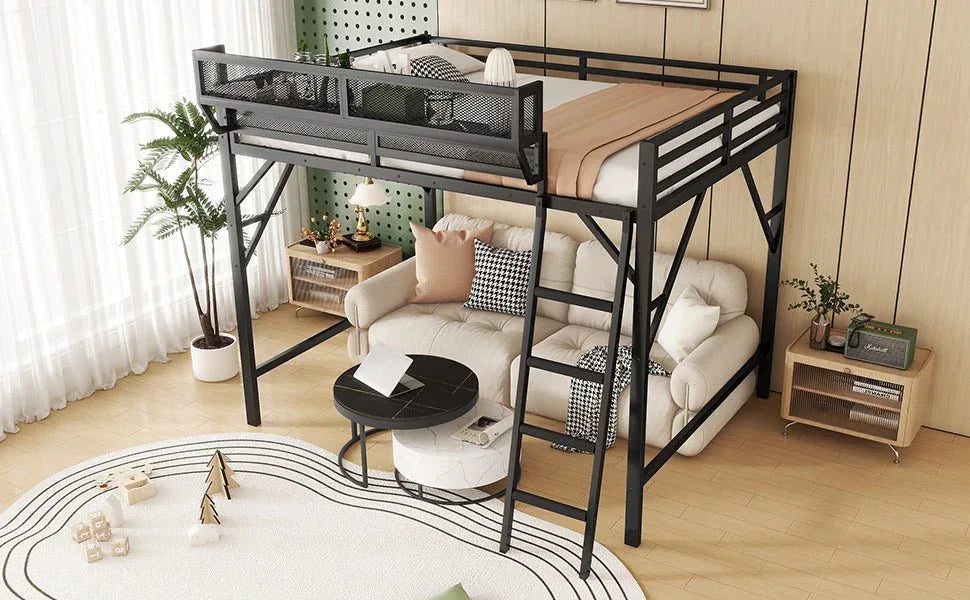 Full Metal Full Size Loft Bed With Ladder And Storage Shelves - Omega Lifestyles