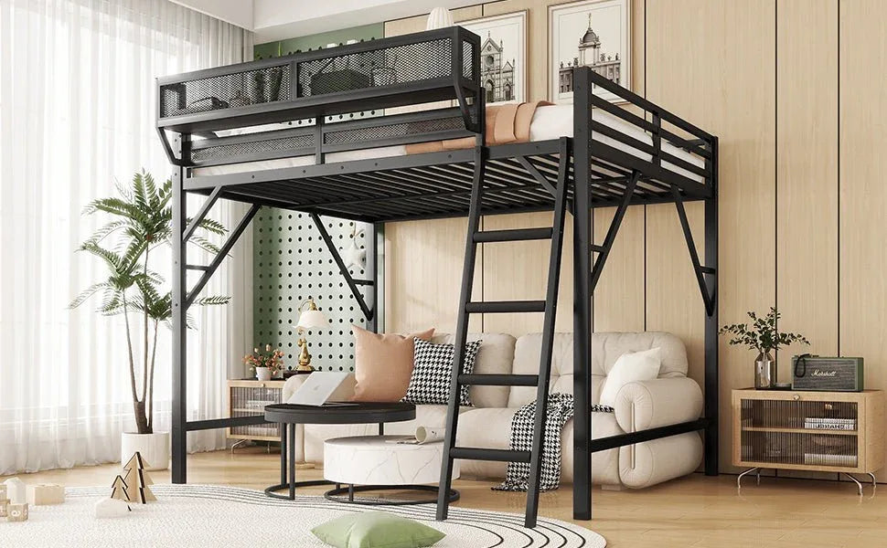 Full Metal Full Size Loft Bed With Ladder And Storage Shelves - Omega Lifestyles