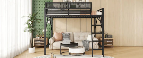 Full Metal Full Size Loft Bed With Ladder And Storage Shelves - Omega Lifestyles