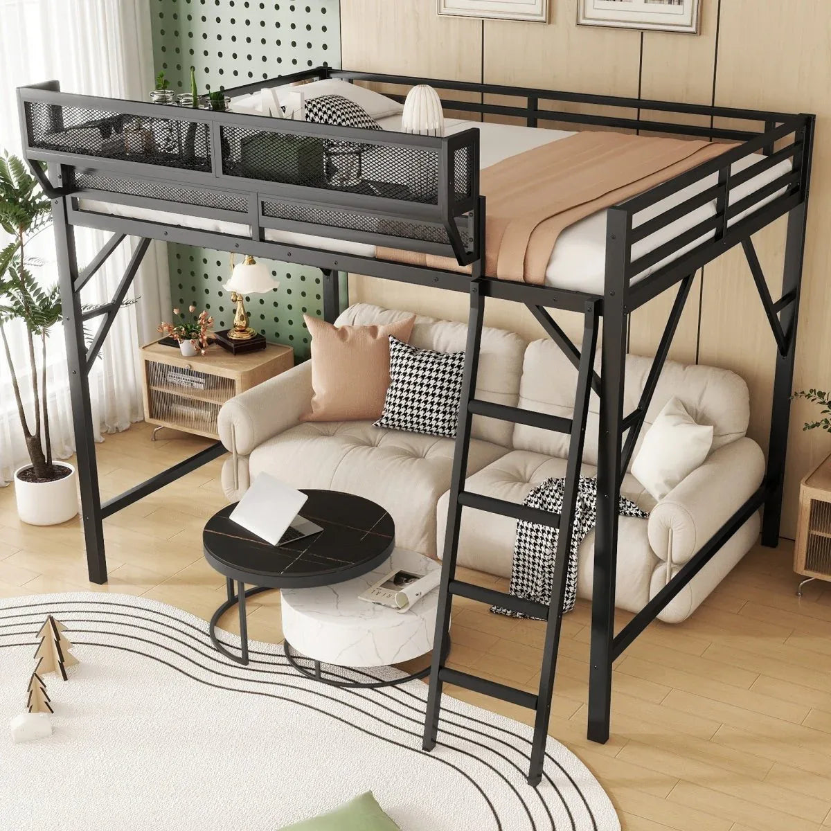Full Metal Full Size Loft Bed With Ladder And Storage Shelves - Omega Lifestyles