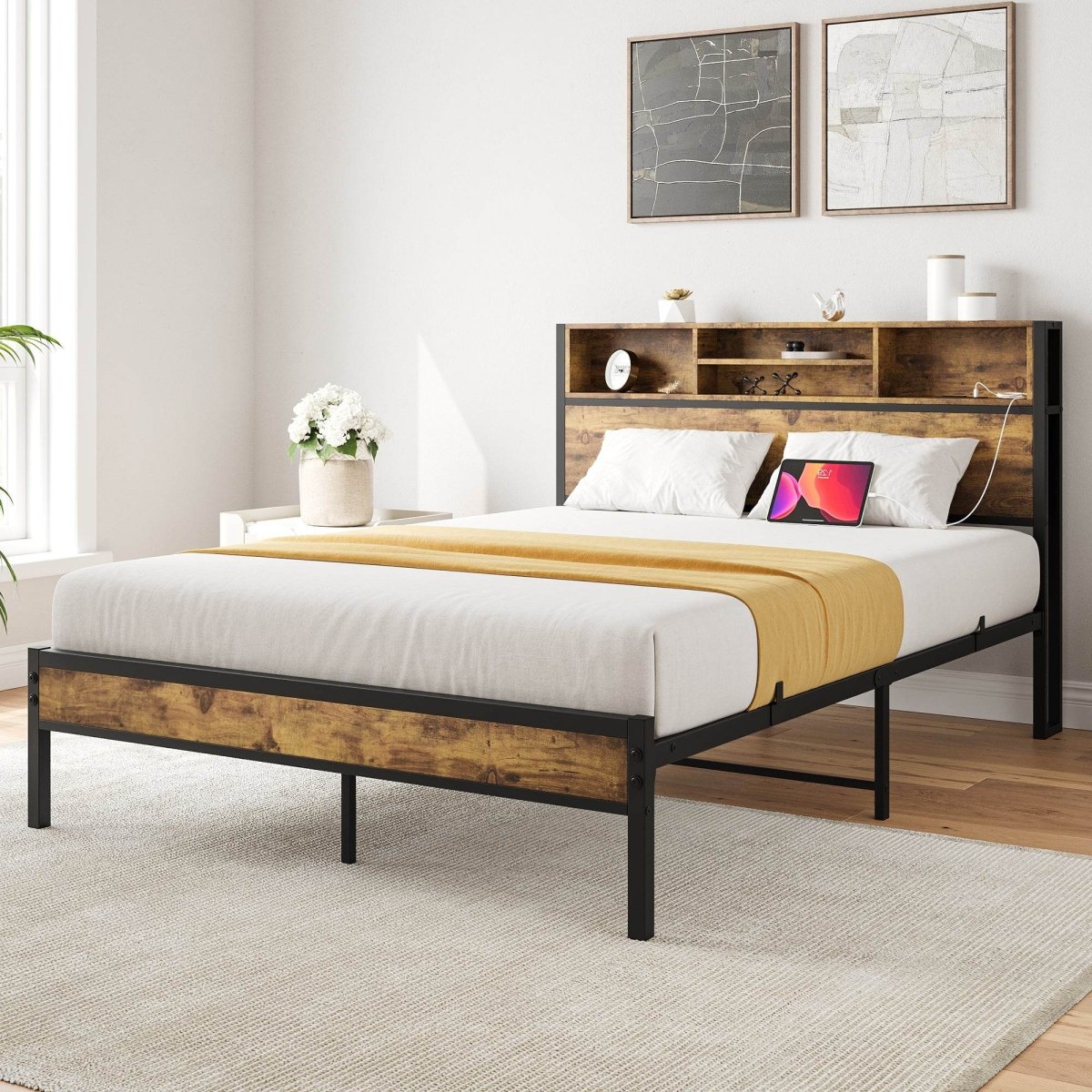 Full Metal Platform Full Bed Frame With Charging Station - Lunara - Omega Lifestyles