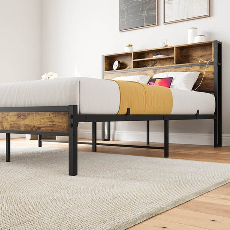 Full Metal Platform Full Bed Frame With Charging Station - Lunara - Omega Lifestyles
