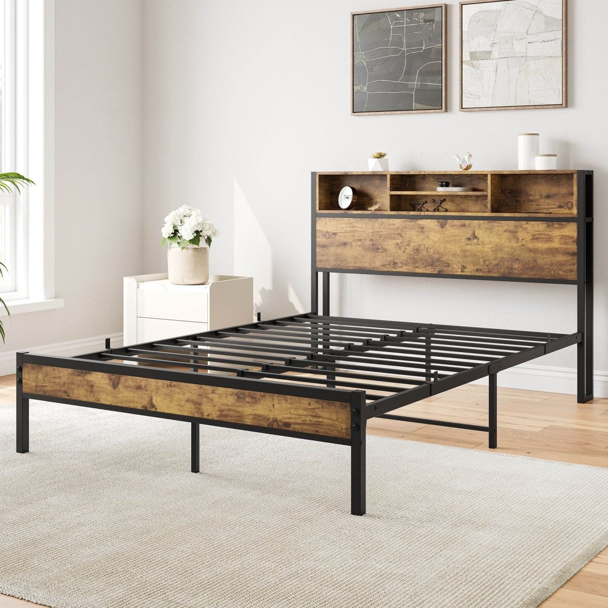 Full Metal Platform Full Bed Frame With Charging Station - Lunara - Omega Lifestyles