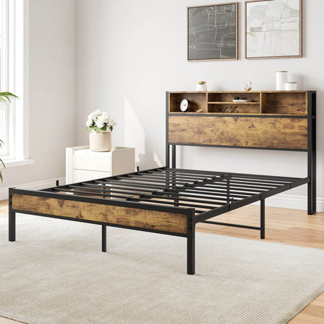Full Metal Platform Full Bed Frame With Charging Station - Lunara - Omega Lifestyles