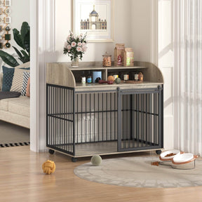 Furniture-Style Gray Engineered Wood Dog Crate With Wheels - Omega Lifestyles