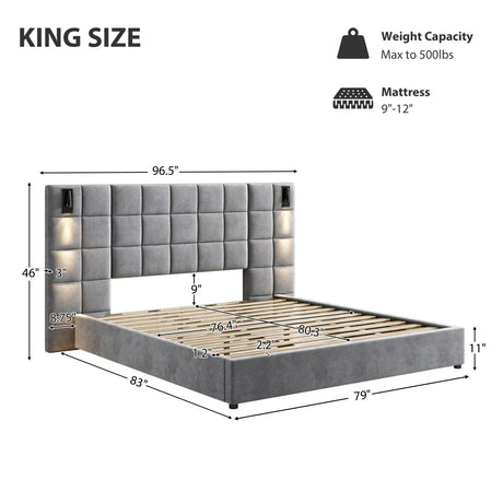 King Upholstered Velvet Bed Frame With USB Lamp - Omega Lifestyles