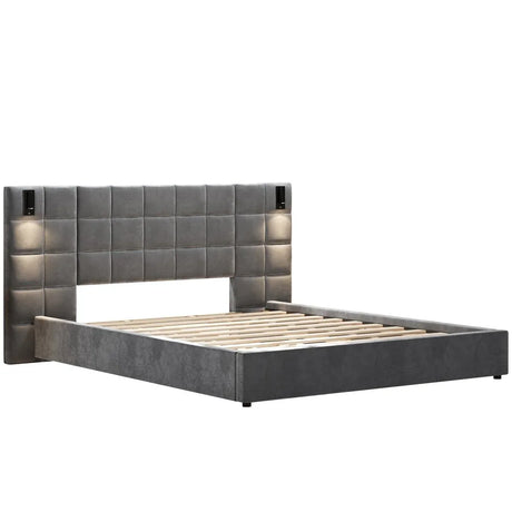 King Upholstered Velvet Bed Frame With USB Lamp - Omega Lifestyles