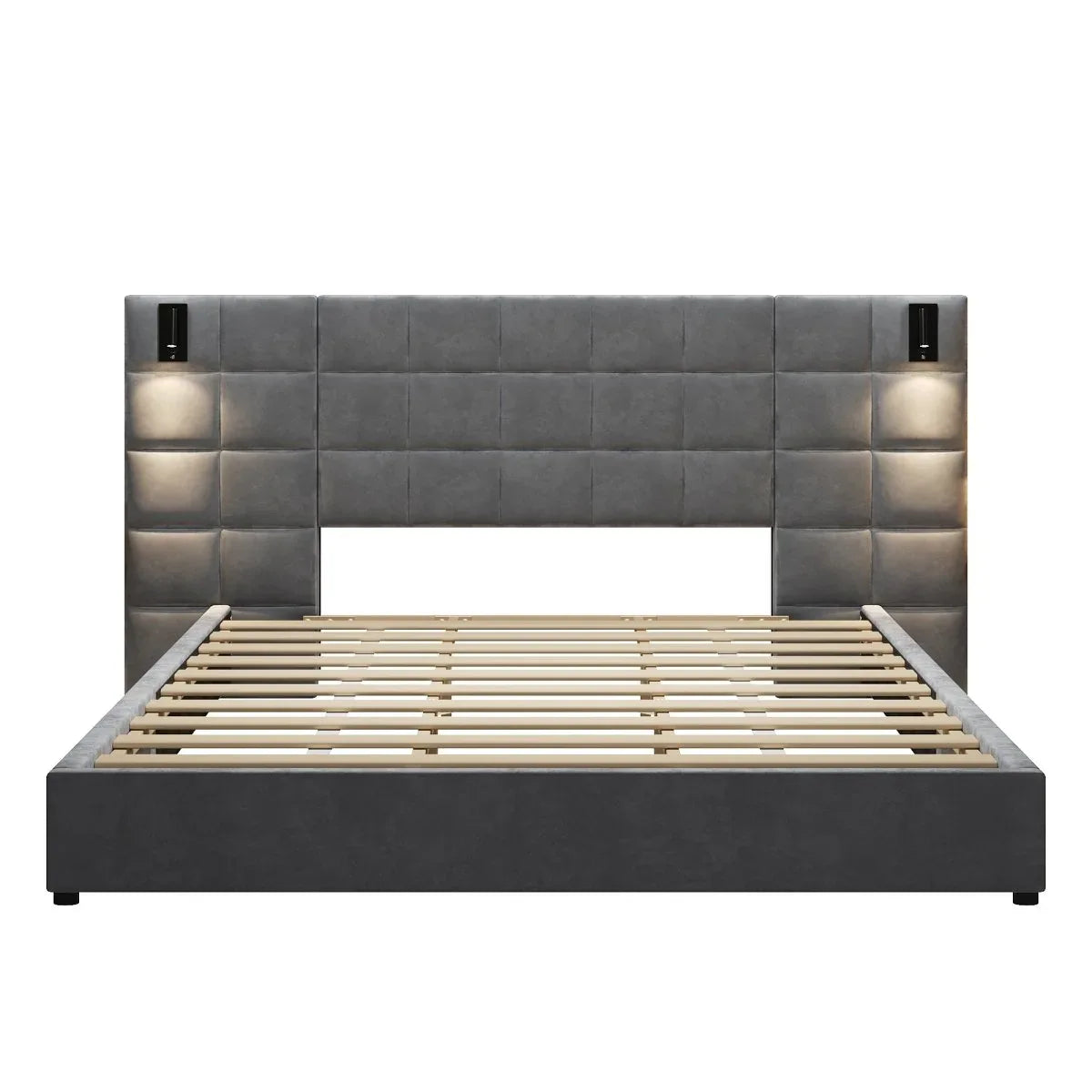 King Upholstered Velvet Bed Frame With USB Lamp - Omega Lifestyles