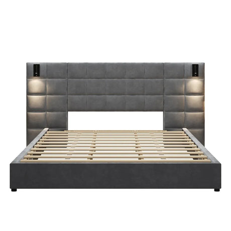 King Upholstered Velvet Bed Frame With USB Lamp - Omega Lifestyles
