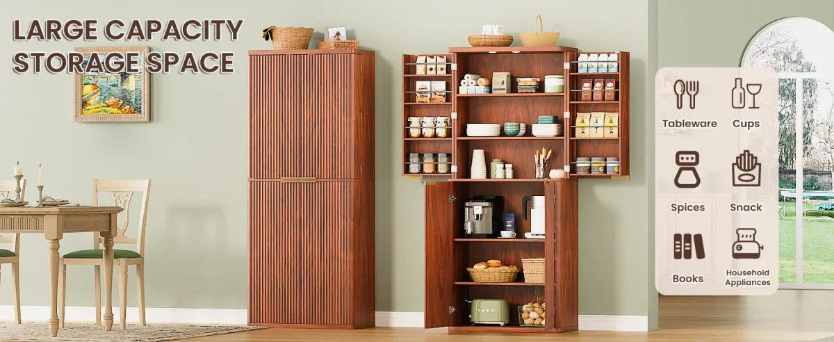 Modern Fluted Walnut Pantry Cabinet With Six Shelves - Omega Lifestyles