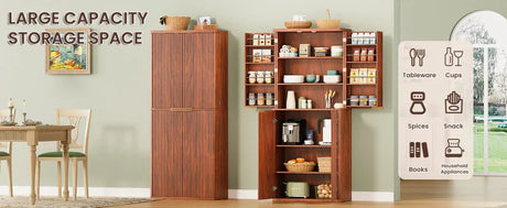 Modern Fluted Walnut Pantry Cabinet With Six Shelves - Omega Lifestyles
