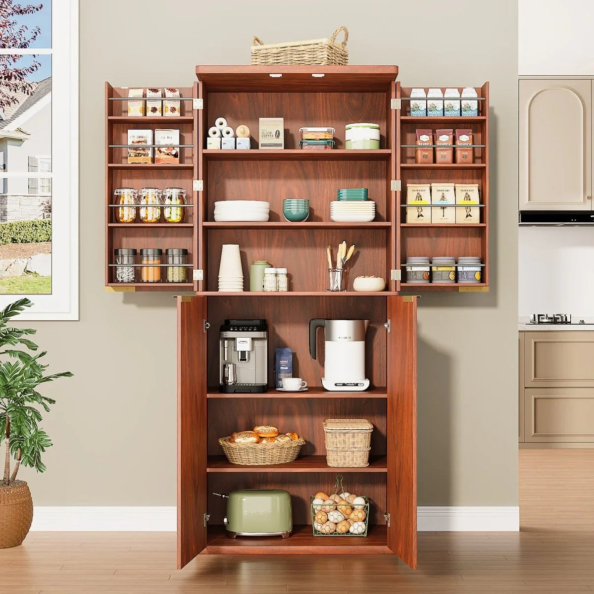 Modern Fluted Walnut Pantry Cabinet With Six Shelves - Omega Lifestyles