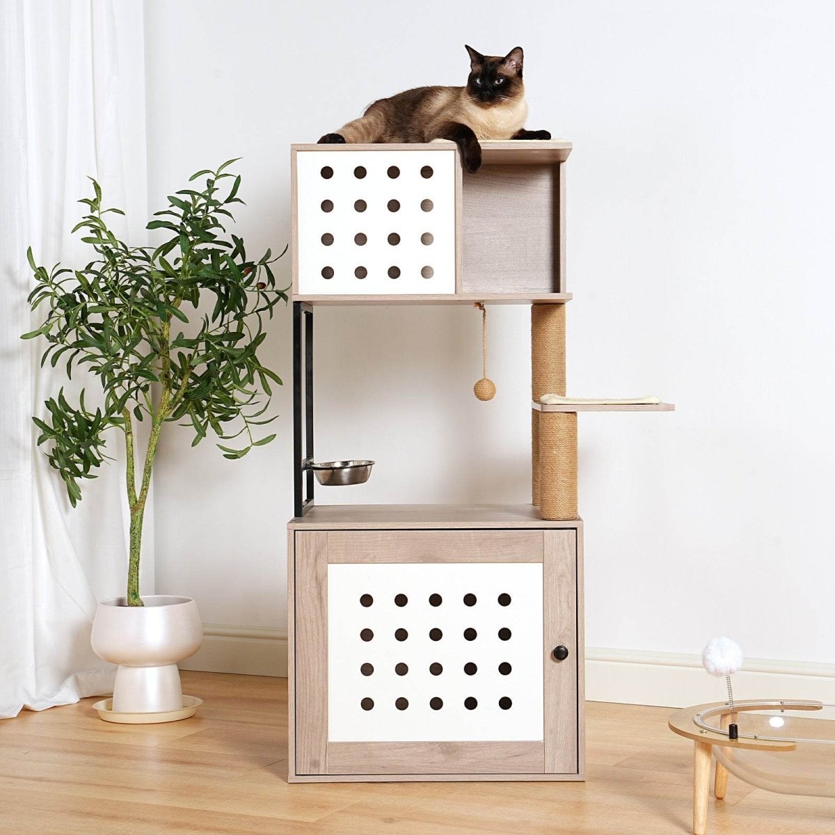 Modern Gray White Cat Tree With Litter Box Enclosure - Lunara - Omega Lifestyles