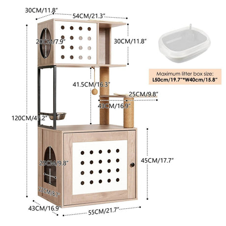 Modern Gray White Cat Tree With Litter Box Enclosure - Lunara - Omega Lifestyles
