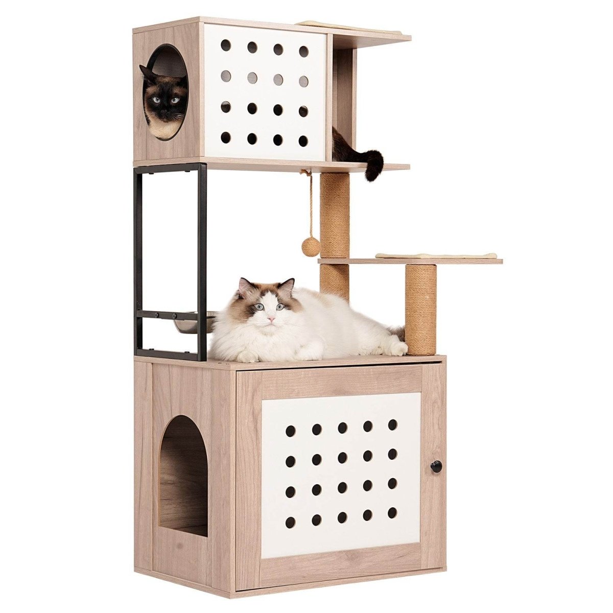 Modern Gray White Cat Tree With Litter Box Enclosure - Lunara - Omega Lifestyles