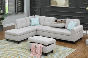 Modern L-Shaped Linen Sectional Sofa With Ottoman And Pillows - Omega Lifestyles