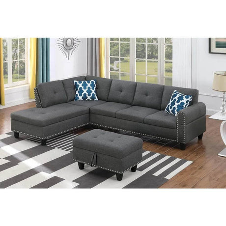 Modern L-Shaped Linen Sectional Sofa With Ottoman And Pillows - Omega Lifestyles