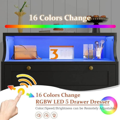 Modern Tall Dresser With 5 Spacious Drawers And LED Lights - Omega Lifestyles