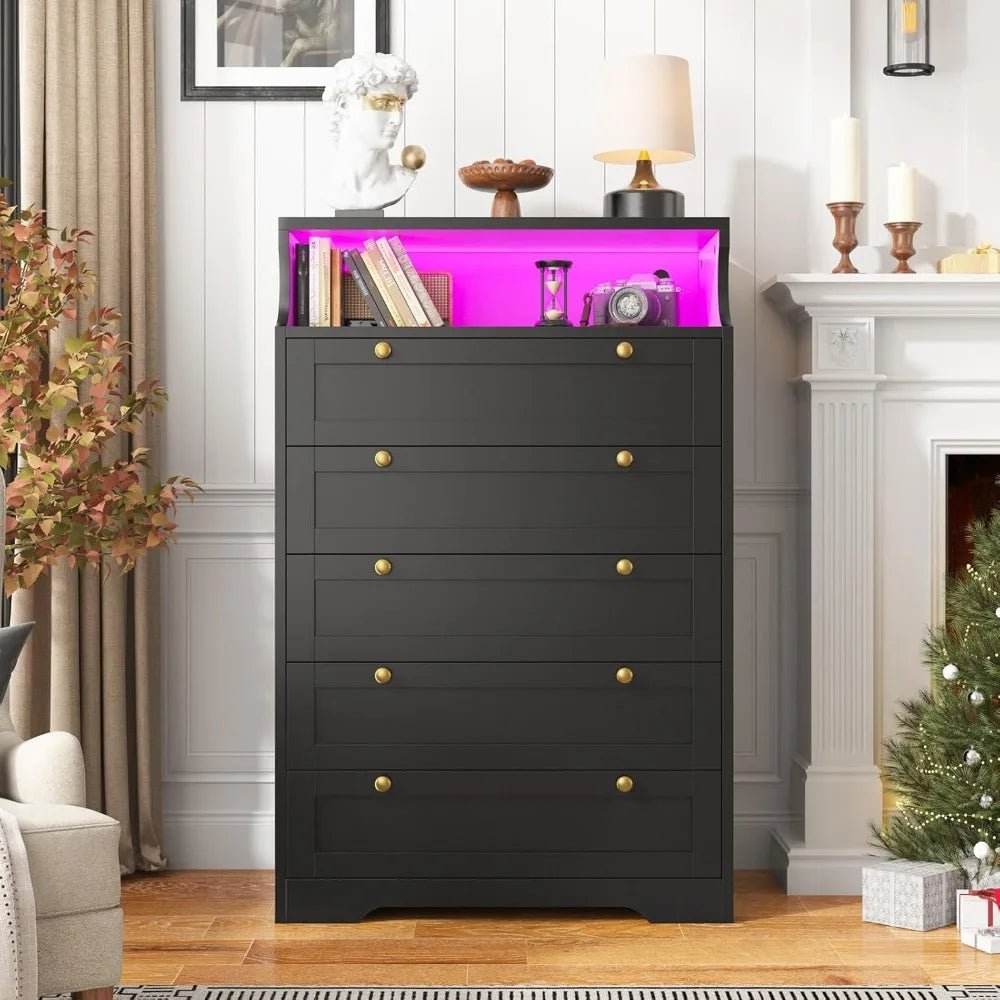 Modern Tall Dresser With 5 Spacious Drawers And LED Lights - Omega Lifestyles