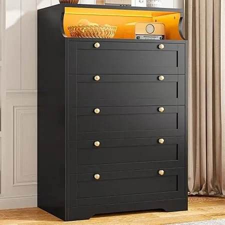 Modern Tall Dresser With 5 Spacious Drawers And LED Lights - Omega Lifestyles