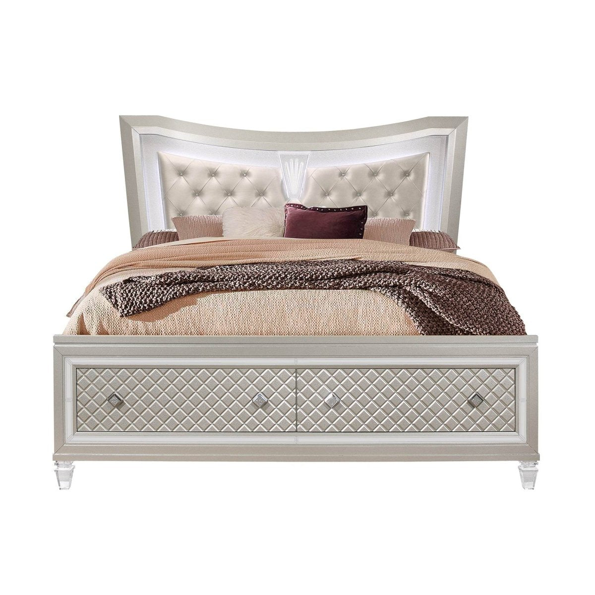 Queen Glam Panel Bed With LED Headboard Solid Wood MDF - Lunara - Omega Lifestyles