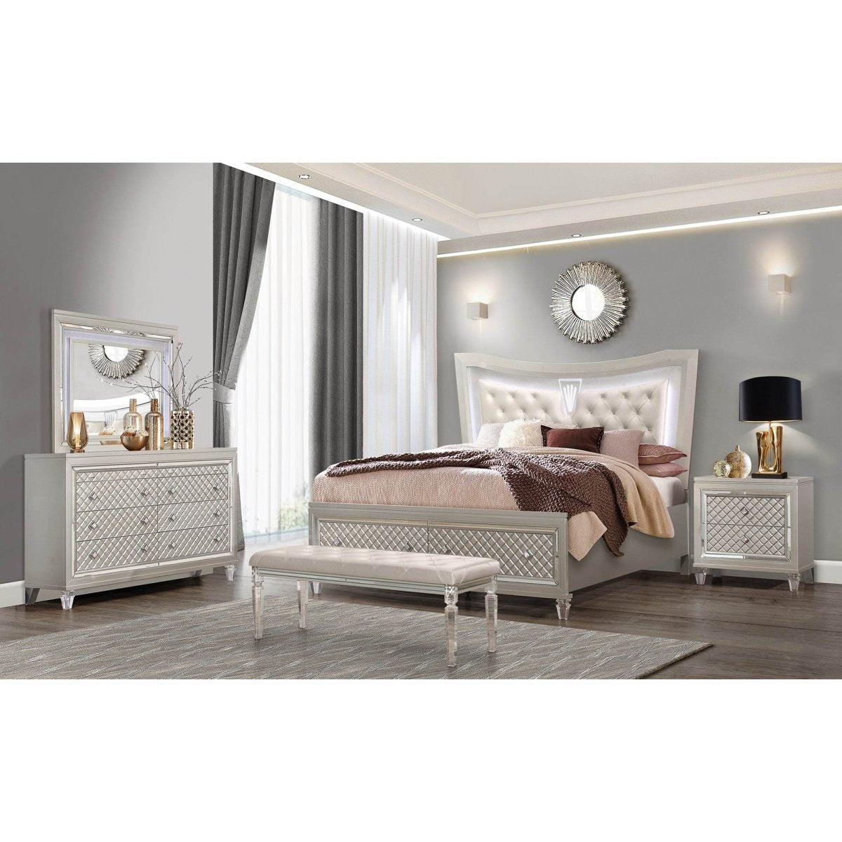Queen Glam Panel Bed With LED Headboard Solid Wood MDF - Lunara - Omega Lifestyles