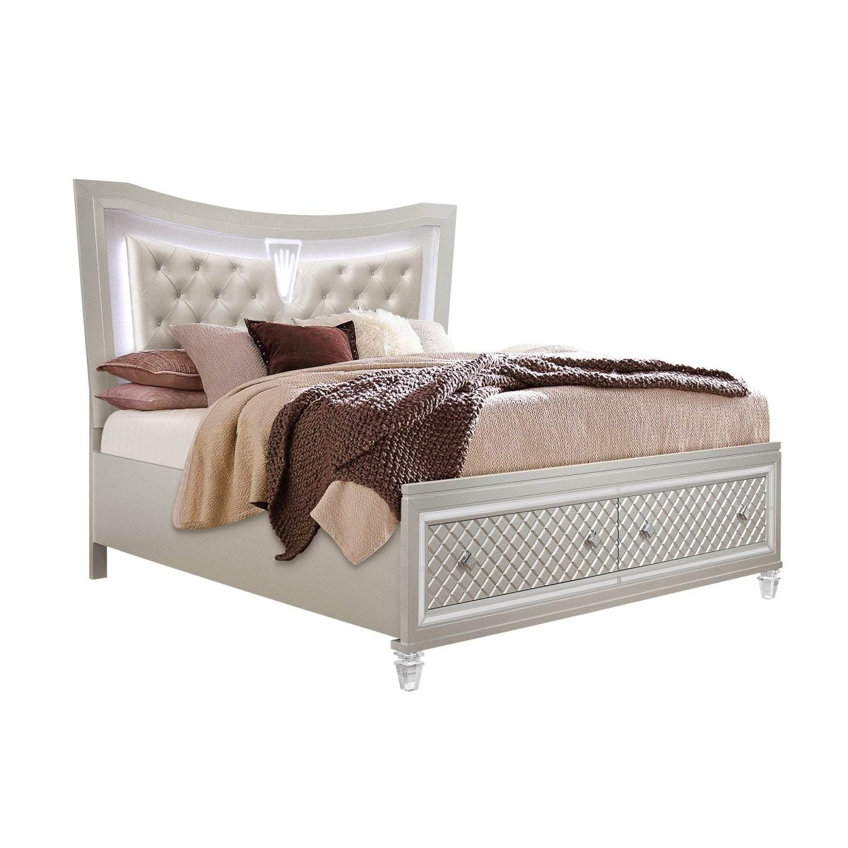 Queen Glam Panel Bed With LED Headboard Solid Wood MDF - Lunara - Omega Lifestyles