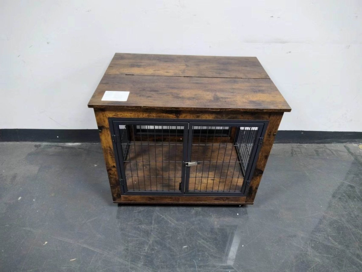 Rustic Brown Furniture Dog Crate With Rolling Casters - Omega Lifestyles