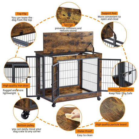 Rustic Brown Furniture Dog Crate With Rolling Casters - Omega Lifestyles