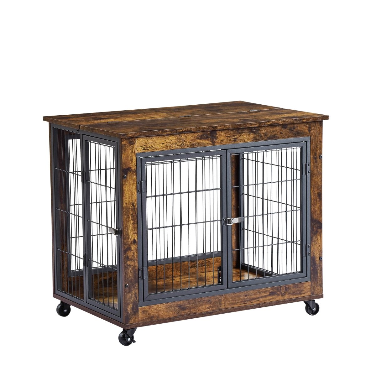 Rustic Brown Furniture Dog Crate With Rolling Casters - Omega Lifestyles