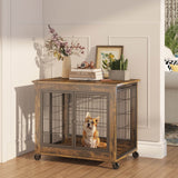 Rustic Brown Furniture Dog Crate With Rolling Casters - Omega Lifestyles