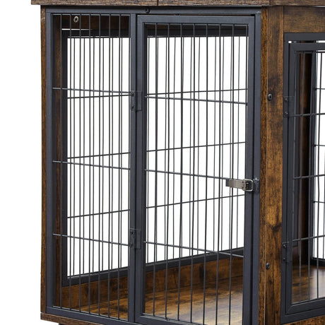 Rustic Brown Furniture Dog Crate With Rolling Casters - Omega Lifestyles