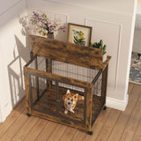 Rustic Brown Furniture Dog Crate With Rolling Casters - Omega Lifestyles
