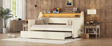 Twin PU Leather Daybed With Trundle Charging Station LED Light - Sleep Galleria