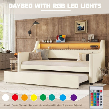 Twin PU Leather Daybed With Trundle Charging Station LED Light - Sleep Galleria