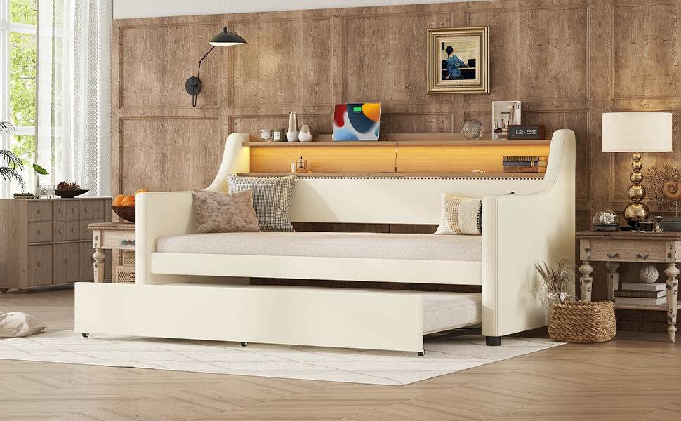 Twin PU Leather Daybed With Trundle Charging Station LED Light - Sleep Galleria