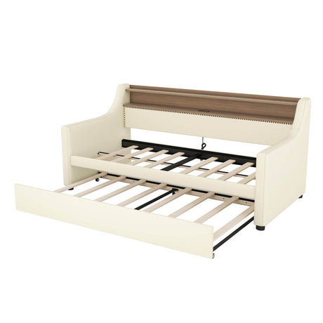 Twin PU Leather Daybed With Trundle Charging Station LED Light - Sleep Galleria