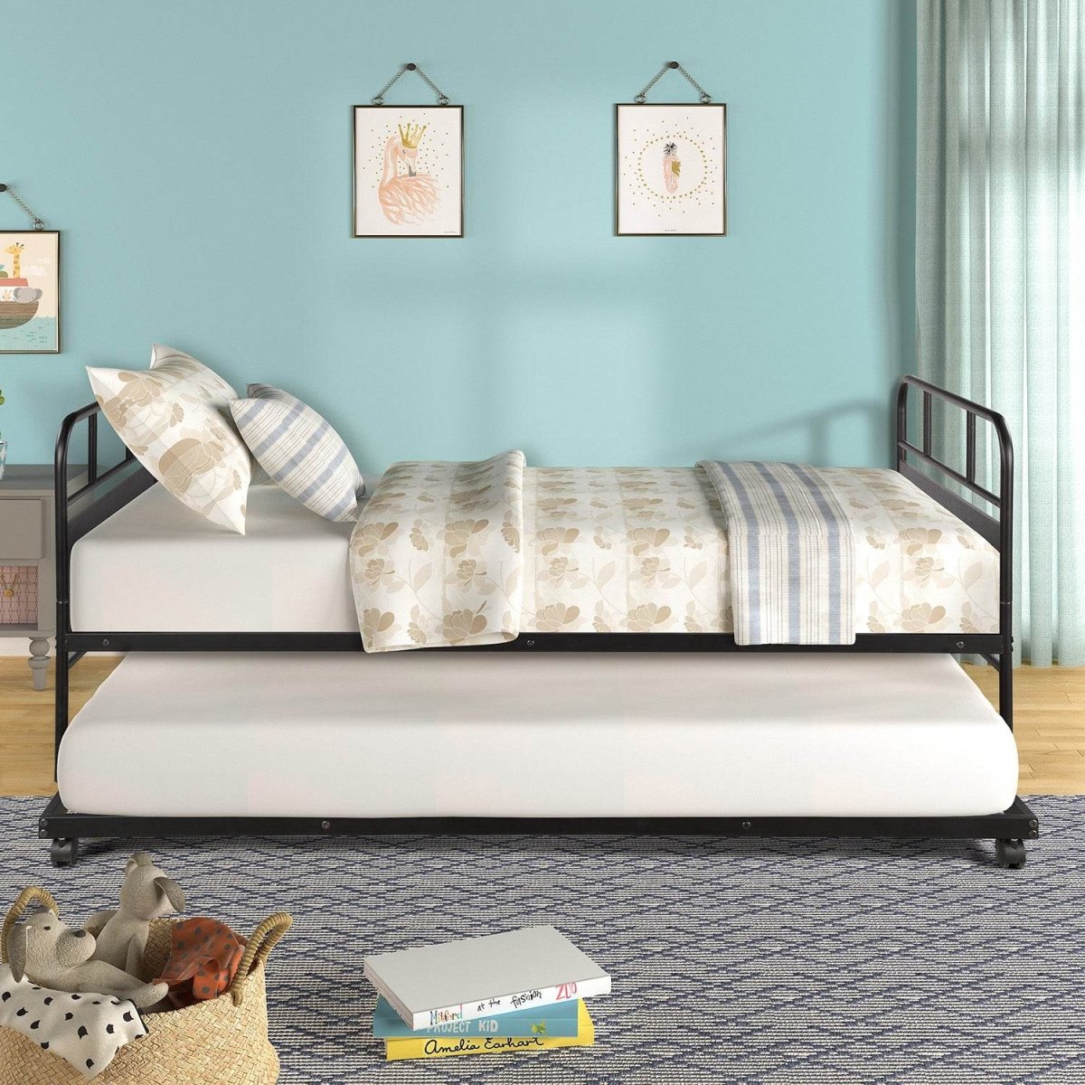 Twin Metal Daybed Frame With Trundle Built - In Casters - Merax - Omega Lifestyles