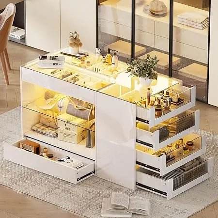 Modern White Glossy Closet Island With Drawers And Light - Omega Lifestyles