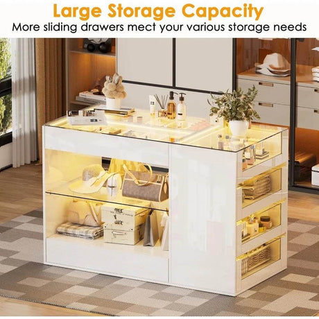 Modern White Glossy Closet Island With Drawers And Light - Omega Lifestyles