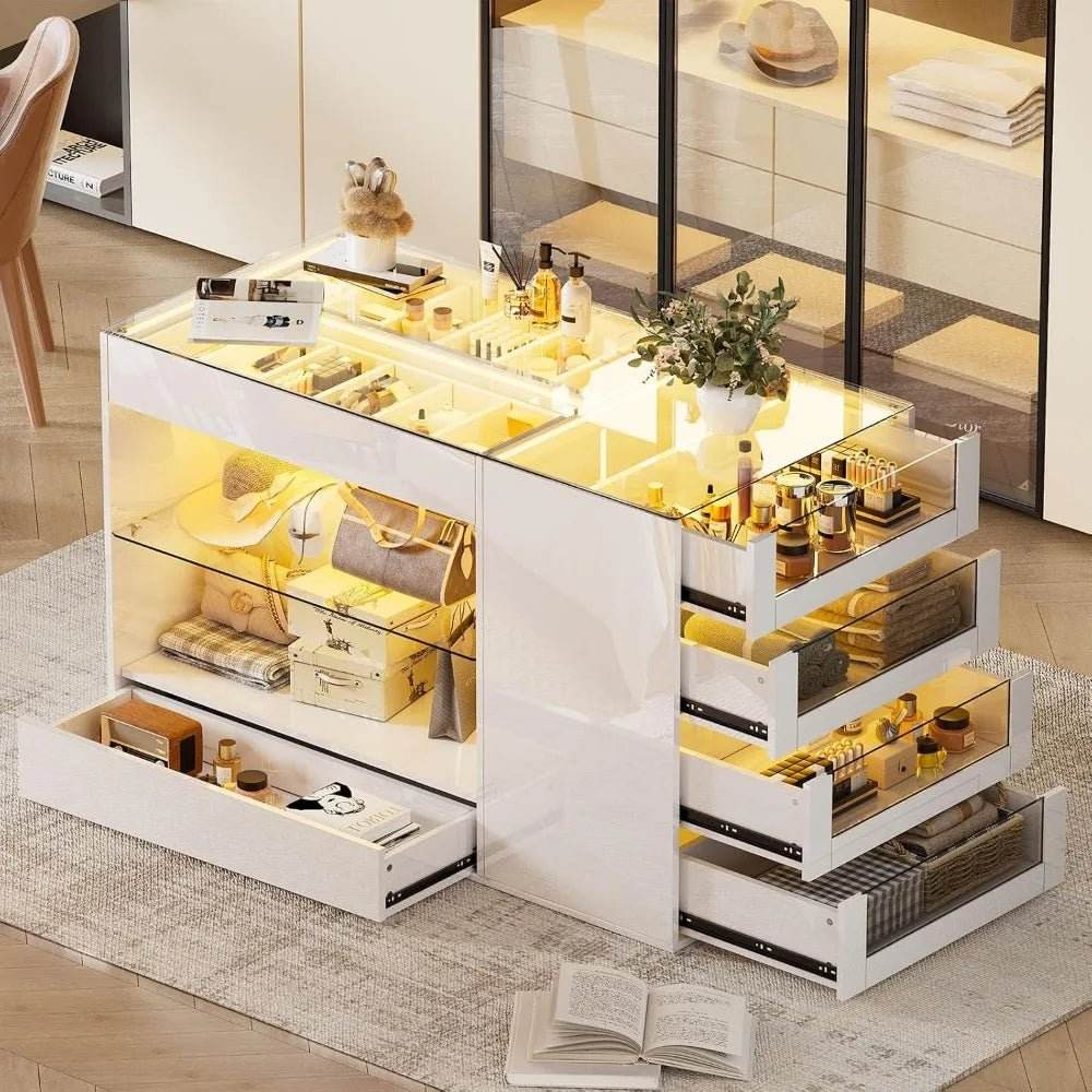 Modern White Glossy Closet Island With Drawers And Light - Omega Lifestyles